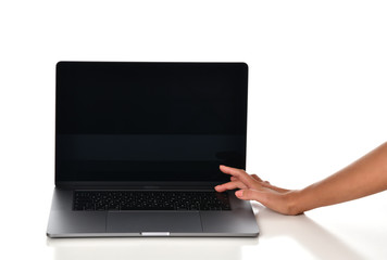 New laptop computer display with keyboard blank black screen and hand unlock it with touch id