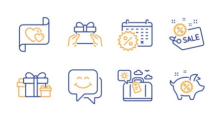 Love letter, Travel luggage and Holiday presents line icons set. Sale, Calendar discounts and Give present signs. Smile face, Piggy sale symbols. Heart, Trip bag. Holidays set. Vector