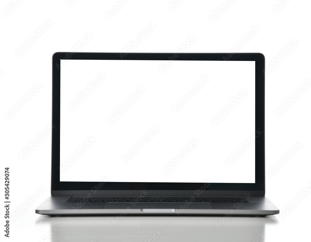 Wall mural new laptop computer display with keyboard and blank white screen isolated on a white