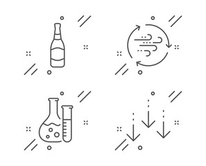 Wind energy, Beer bottle and Chemistry lab line icons set. Scroll down sign. Breeze power, Brewery, Laboratory. Swipe screen. Business set. Line wind energy outline icon. Vector