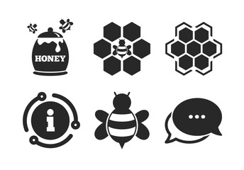 Honeycomb cells with bees symbol. Chat, info sign. Honey icon. Sweet natural food signs. Classic style speech bubble icon. Vector