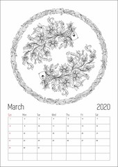 2020 Antistress Horoscope calendar planner, doodle illustration.