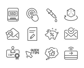Set of Technology icons, such as Click, Ssd, Contactless payment, Approved mail, Edit document, Chemistry pipette, Augmented reality, Send mail, Ranking stars, Quick tips, Certificate. Vector