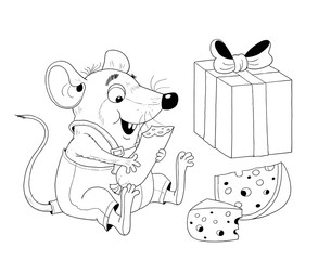 New 2020 Year. Christmas. Year of the Rat. Coloring page. Illustration for children. Cute and funny cartoon characters