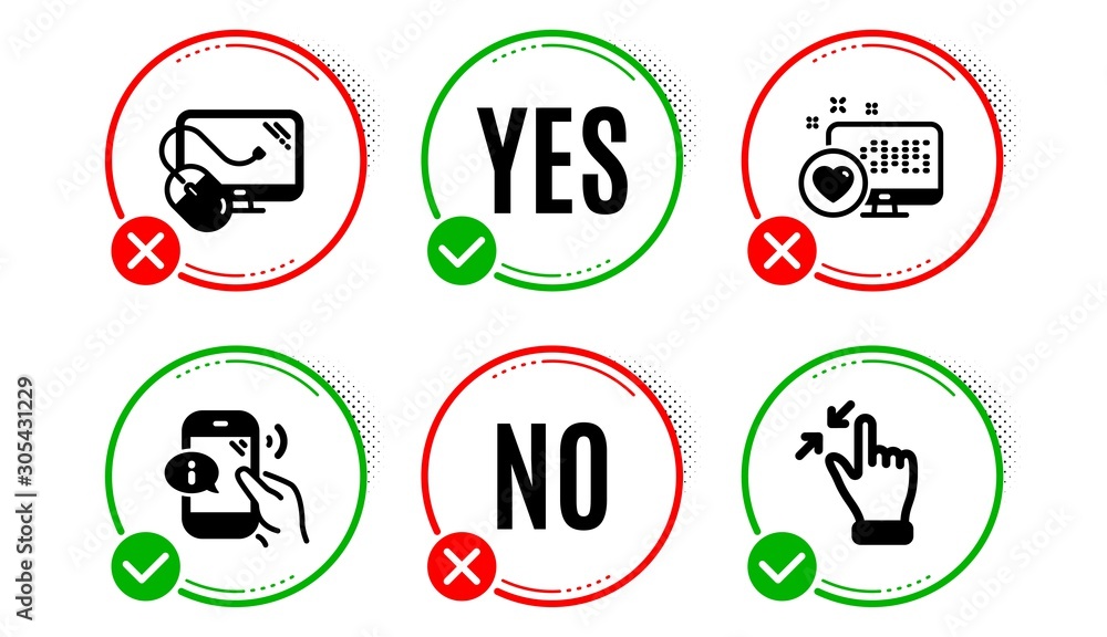 Poster call center, computer mouse and heart icons simple set. yes no check box. touchscreen gesture sign. 