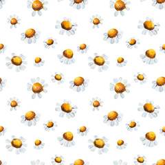 Watercolor seamless pattern with chamomile, bellflower on an yellow background, botanical drawing. Stock illustration. Fabric wallpaper print texture.