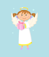 Christmas or Valentine Day symbol, angel girl with gift box, wings and halo vector. Child or kid, heaven creature with wrapped holiday present in sky