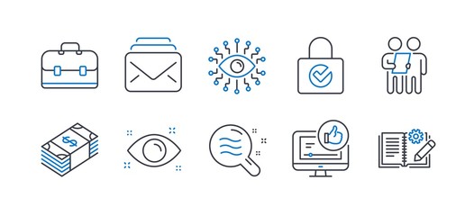 Set of Business icons, such as Artificial intelligence, Survey, Like video, Portfolio, Password encryption, Usd currency, Mail, Skin condition, Health eye, Engineering documentation. Vector