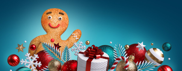 Obraz na płótnie Canvas 3d gingerbread man cookie, Christmas ornaments, balls, gift box, isolated on blue background. Blank banner, greeting card template, commercial poster mockup. Winter holiday concept. Wide size