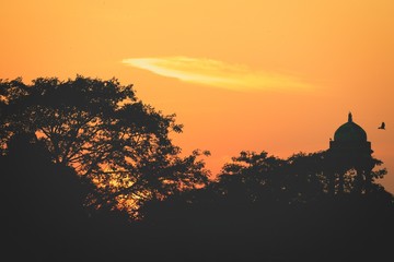 Sunset view of Humayun Tomb Premises garden and tower, Delhi, India