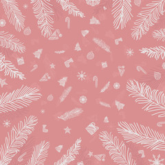 Christmas background with bells and christmas tree, snowflakes, gift, candy, star, christmas ball on pink background.
