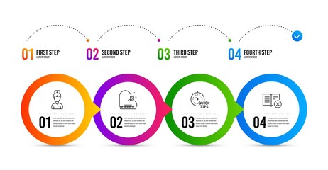 Piano, Quick tips and Doctor line icons set. Timeline infographic. Reject book sign. Fortepiano, Helpful tricks, Medicine person. Delete article. Piano icon. Timeline diagram. Vector