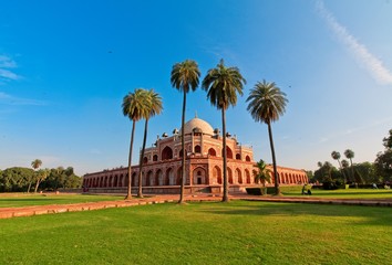 Humayun's tomb of Mughal Emperor Humayun designed by Persian architect Mirak Mirza Ghiyas in New Delhi, India. Tomb was commissioned by Humayun's wife Empress Bega Begum in 1569-70