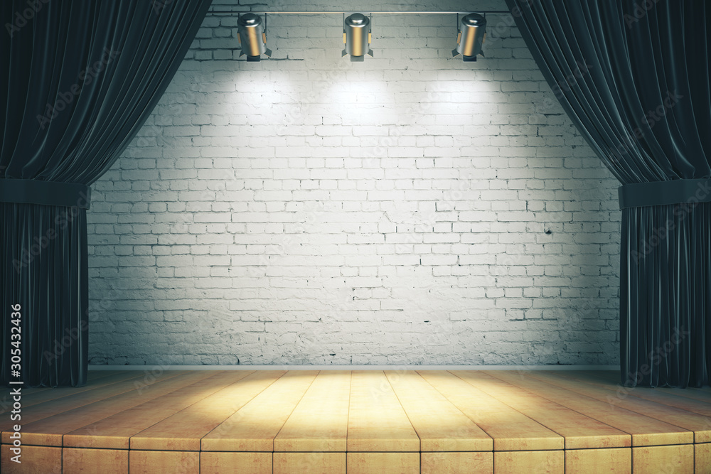 Wall mural wooden stage with black curtains and a white brick wall with spotlights, mock up, 3d rendering