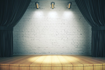 Wooden stage with black curtains and a white brick wall with spotlights, mock up, 3d rendering