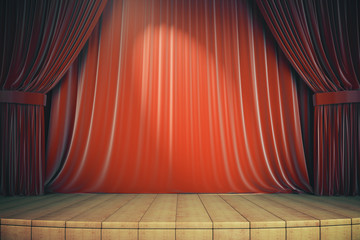 Wooden stage with red curtains