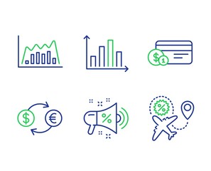 Infographic graph, Currency exchange and Payment method line icons set. Sale megaphone, Diagram graph and Flight sale signs. Line diagram, Banking finance, Cash or non-cash payment. Shopping. Vector