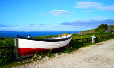 White Boat with Blue Sky and Sea at Background