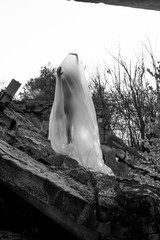 Slender nude girl, covered by a cellophane film, through which only her silhouette is visible and...