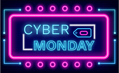 Neon board decorated by text cyber Monday and colorful lights on blue. Advertising element, glowing poster for business promotion. Creative idea for shopping technology with shiny lamps vector