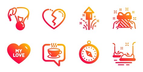 Travel compass, Elephant on ball and Gift line icons set. My love, Broken heart and Coffee signs. Fireworks, Bumper cars symbols. Trip destination, Circus show. Holidays set. Vector