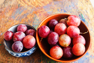 Ripe grapes in a fine dish. View from above. Candid.