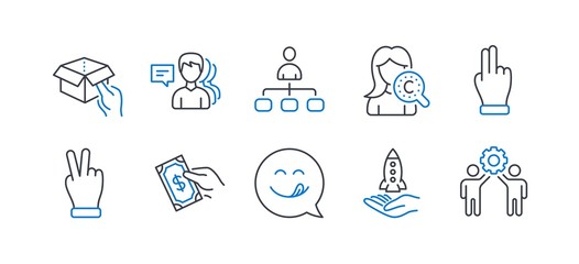 Set of People icons, such as Management, Hold box, Yummy smile, Collagen skin, Click hand, Victory hand, People, Crowdfunding, Pay money, Employees teamwork line icons. Line management icon. Vector