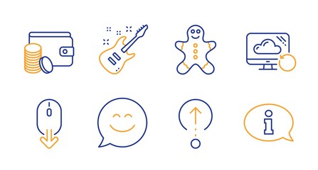 Scroll down, Swipe up and Recovery cloud line icons set. Gingerbread man, Smile chat and Electric guitar signs. Payment method, Information symbols. Mouse swipe, Scrolling page. Business set. Vector