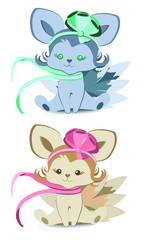 Cute fox with a bow is sitting. Vector illustration