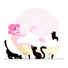 Isolated vector illustration of cat lover doing her daily routine