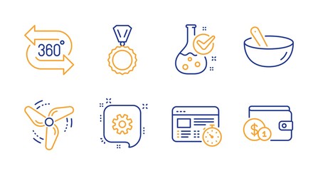 360 degree, Chemistry lab and Cogwheel line icons set. Wind energy, Web timer and Medal signs. Cooking mix, Buying accessory symbols. Virtual reality, Laboratory flask. Business set. Vector