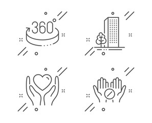 Hold heart, Buildings and 360 degrees line icons set. Medical tablet sign. Friendship, City architecture, Full rotation. Medicine pill. Business set. Line hold heart outline icon. Vector