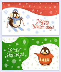 Happy winter holidays vector, set of greeting card with animals. Penguin wearing warm clothes skiing outdoors. Bird in sweater with pine tree print holding cup of hot beverage, coffee or tea