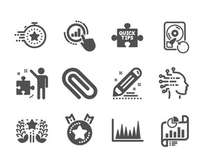 Set of Education icons, such as Line graph, Ranking, Artificial intelligence, Paper clip, Recovery hdd, Ranking star, Report document, Brand contract, Timer, Quick tips, Strategy. Vector