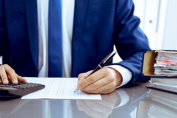 Bookkeeper or financial inspector hands making report, calculating or checking balance. Internal...