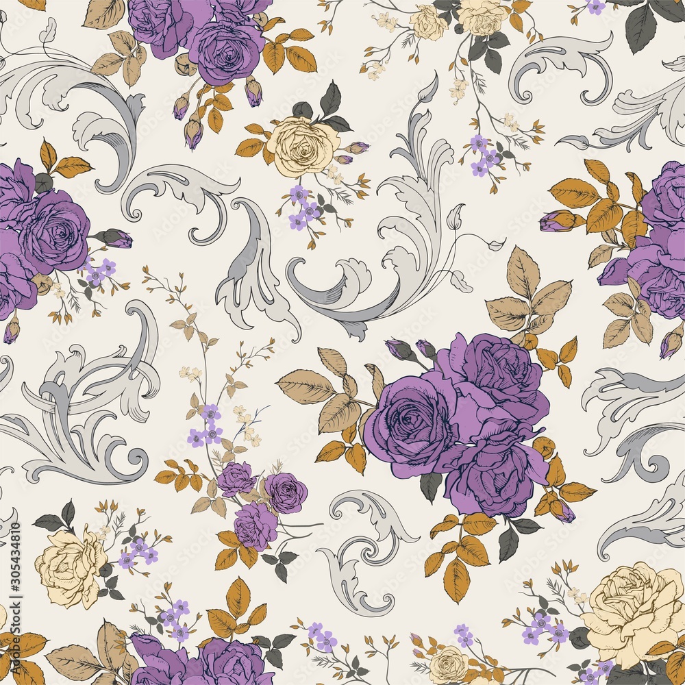 Poster seamless vector pattern with a bouquet of roses in the rococo style