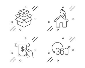 Home, Packing boxes and Atm service line icons set. Full rotation sign. House building, Delivery box, Cash investment. 360 degree. Business set. Line home outline icon. Vector