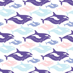 Fototapeta premium Whales seamless pattern in blue, pink and purple colors.