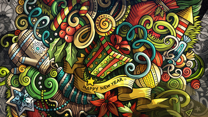 Doodles Happy New Year graphics illustration. Creative Merry Christmas art background.