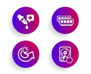 Ram, Share idea and Chemistry pipette icons simple set. Halftone dots button. Recovery hdd sign. Random-access memory, Solution, Laboratory. Backup info. Science set. Classic flat ram icon. Vector