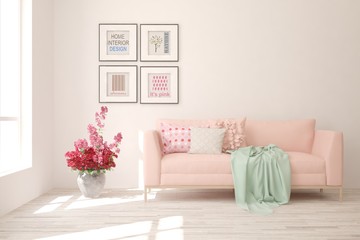 Stylish room in white color with sofa. Scandinavian interior design. 3D illustration