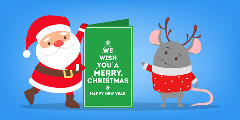 Happy Santa Claus holding a christmas gift box. Cute rat
