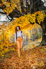 Portrait of a beautiful woman in autumn landscape