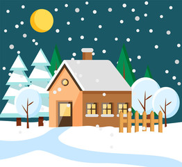 Building with chimney and roof covered with snow. Winter in city or village. Night town with moon at sky and snowfall. Landscape with pine trees and snowy hills estate in countryside flat style vector