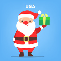Happy funny Santa Claus in red clothes holding gift box