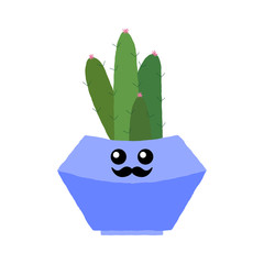 Vector illustration of a textured cactus in a blue pastel plant pot with a cute happy face and moustache.