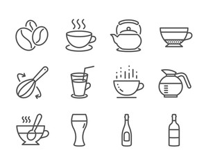 Set of Food and drink icons, such as Coffeepot, Tea cup, Coffee cup, Cocktail, Cooking whisk, Wine bottle, Champagne, Teapot, Dry cappuccino, Beer glass, Coffee beans, Cappuccino. Vector