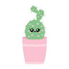 Vector illustration of a textured cactus in a pastel pink pot with a cute happy face.