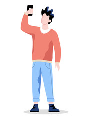 Young man with mobile phone. Male character holding smartphone.