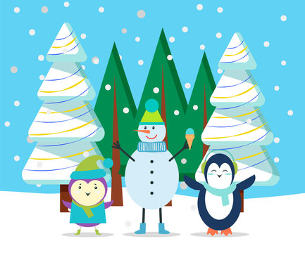 Characters in winter landscape. Forest with pine trees covered with snow. Snowfall and animals wearing warm clothes. Snowman in hat holding ice cream dessert. Spruce with garlands flat style vector